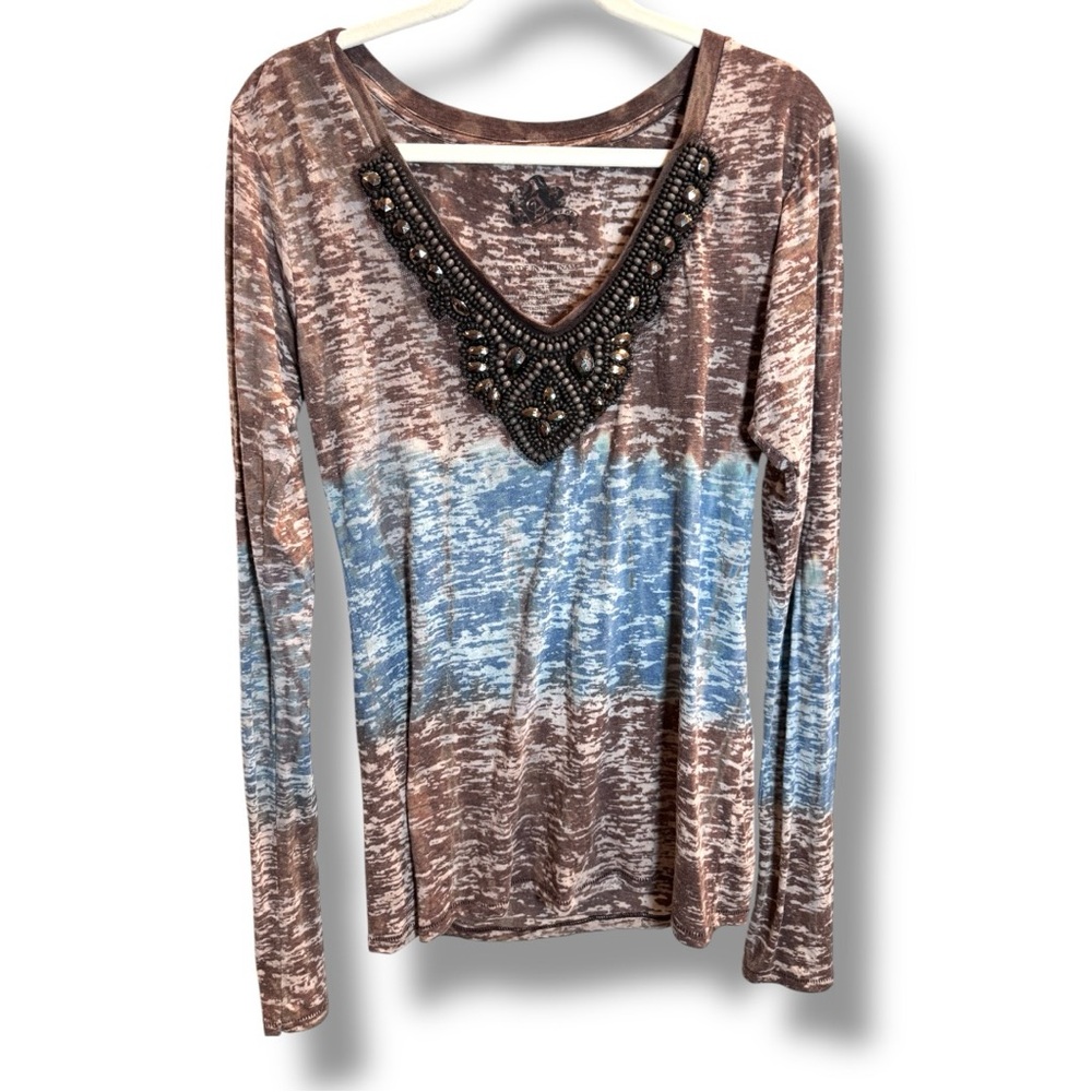 Y2K Awake Inc by OS Size L Brown Blue Beaded V-Neck Long Sleeve Lightweight Top